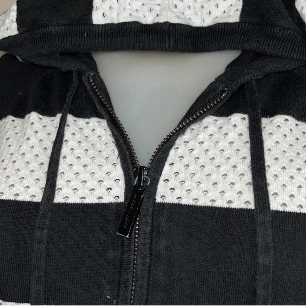MICHAEL Michael Kors Black White Striped Open Knit Zip Up Hoodie M